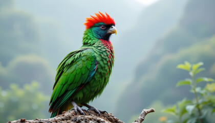 Fototapeta premium Close-up of wildlife bird, quetzal bird, in nature. A quetzal bird with vibrant plumage perched on a branch in a misty forest setting.