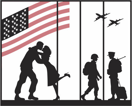 A soldier s tender homecoming kiss embraced by loved ones under an American flag planes overhead signifying military