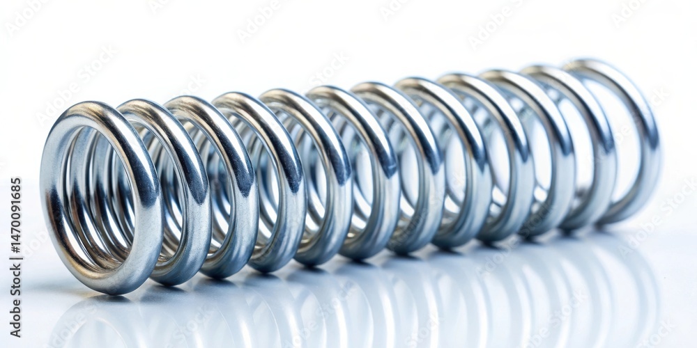 Poster Close-up view of a metallic coil spring resting on a reflective surface, showcasing its elegant curves and polished finish