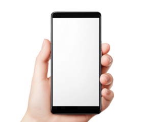 Handheld smartphone with blank screen for design and display purposes on a transparent background, cut out