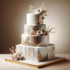Sophisticated wedding cake with geometric patterns and neutral tones"