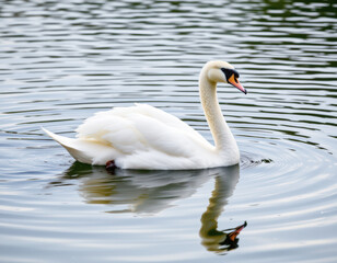 Naklejka premium Close-up of wildlife bird, swan, in nature. A graceful swan glides across the calm water, creating gentle ripples in a serene natural setting.