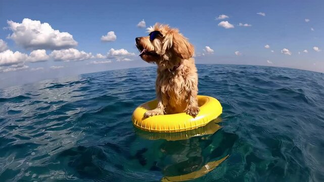 Happy dog floating on inflatable ring enjoying sunny day at sea