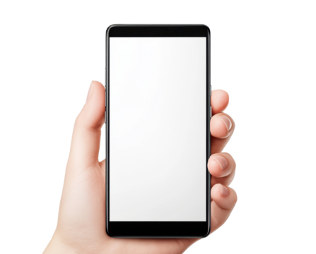Handheld smartphone with blank screen for design and display purposes on a transparent background, cut out