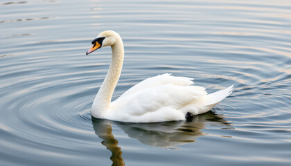 Fototapeta premium Close-up of wildlife bird, swan, in nature. A graceful swan glides over calm water, creating gentle ripples in the serene environment.