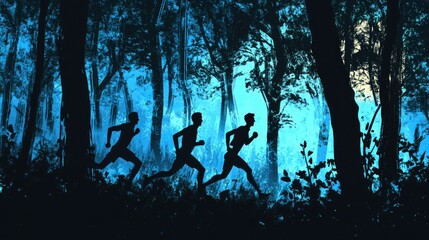 A man and a woman are running side by side on a dirt trail through a lush, green forest.