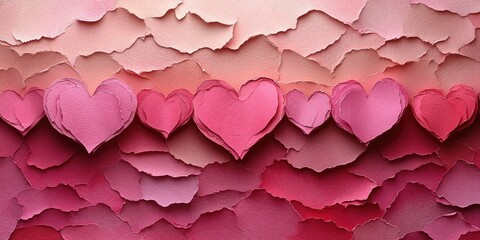 Obraz premium Delicate paper hearts on a textured backdrop of varying pinks.
