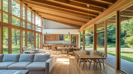 Naklejka premium Architectural marvel: Natural light floods modern living space in wooden frame house