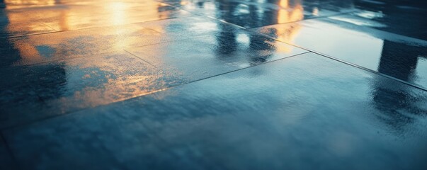Wet city pavement reflecting sunset, blurred pedestrians, urban background. Ideal for travel, city life
