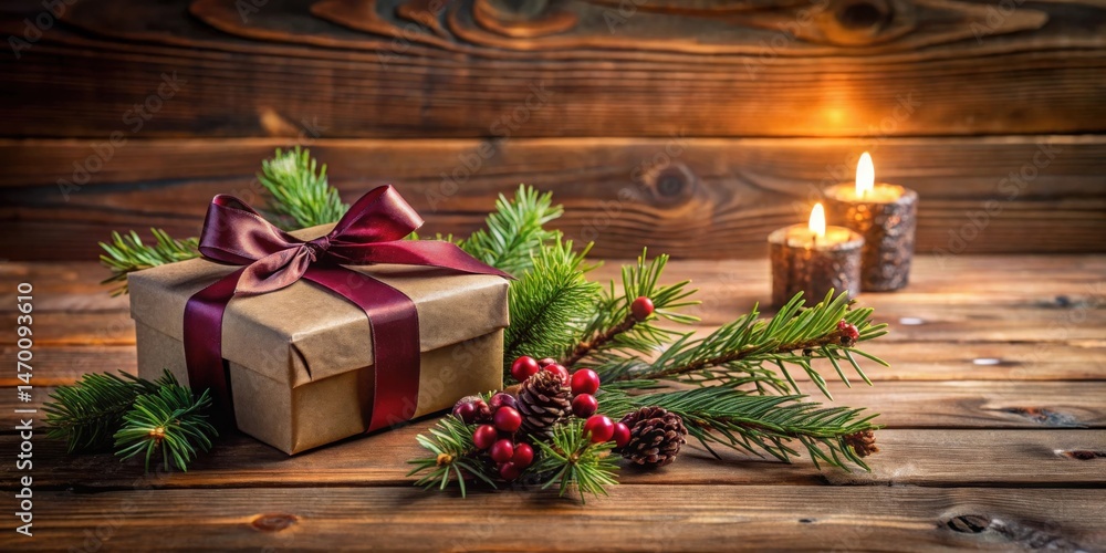 Poster a rustic brown gift box with a deep red ribbon, adorned with evergreen boughs and berries, sits on a