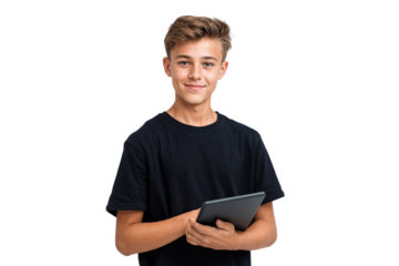 Portrait of a smiling boy in a black t-shirt holding a tablet, digital learning concept, isolated on transparent background