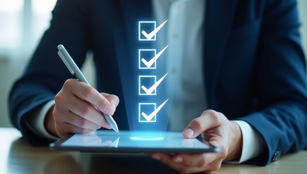 Digital Checklists for efficient business management, Businessman touching marking on checklist guide to paperless assessment and Future Success, Streamlining operations with online surveys