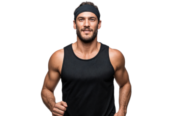Confident male athlete in a black tank top and headband jogging or running, showing strength and focus, isolated on transparent background.