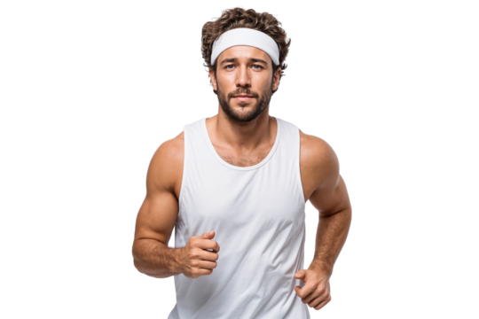 Handsome man jogging or running, wearing a white sportwear and headband, isolated on transparent background
