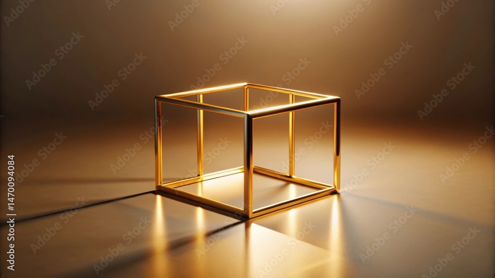 Poster Illuminated Golden Wireframe Cube on a Reflective Surface A Study in Minimalist Geometry
