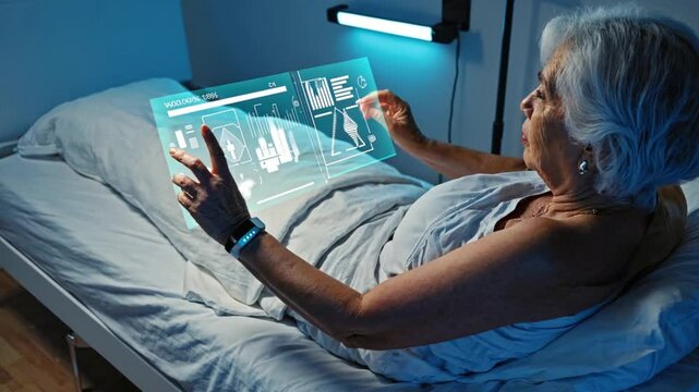 AR assisted elderly care with Future Care digital interface. Patients touching hi tech virtual displays for remote assistance, support and ease of mind. 