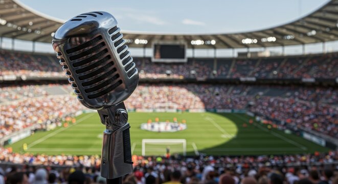 Stadium Microphone Announcement - Close-up of a vintage microphone in front of a large stadium filled with spectators