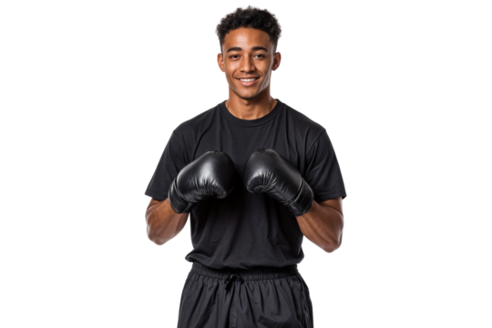 Portrait of a male high school student wearing boxing gloves, isolated on white or transparent background