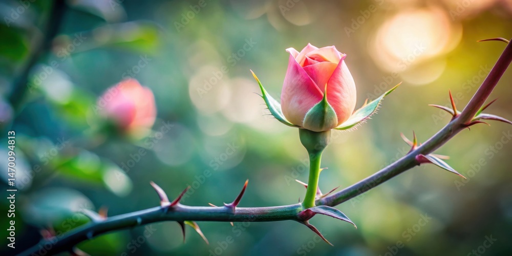 Poster a delicate pink rosebud unfurling in the soft light of dawn, protected by thorns on a branch
