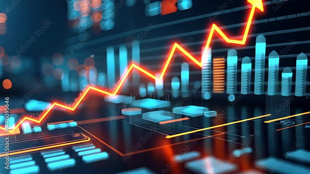 Poster bright orange rising stock market graph with glowing data lines and futuristic digital interface sho