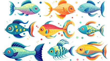 Fototapeta premium Colorful collection of comical cartoon fish illustrations for aquatic designs