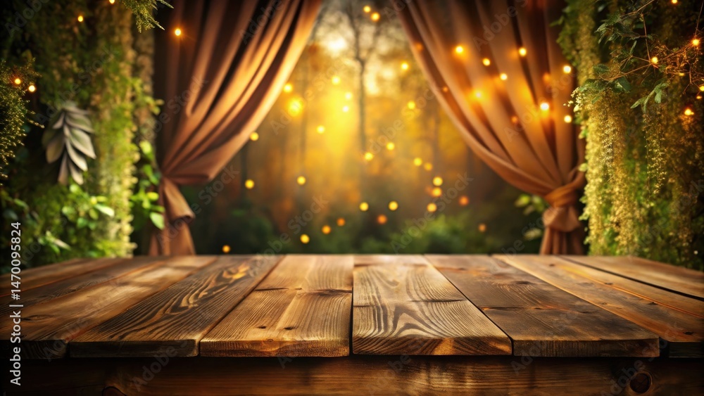 Poster Rustic Wooden Table Setting with Enchanting Autumnal Backdrop and Warm String Lights