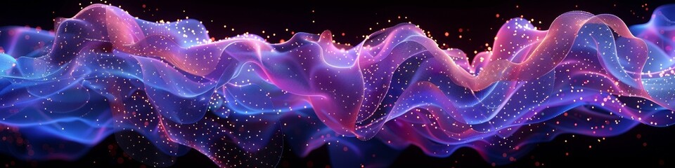 Premium wide-format visualization of blockchain technology network featuring a flowing digital mesh structure with glowing purple and pink connections. This is AI Generated LinkedIn banner