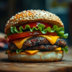 Juicy hamburger sandwich with fresh lettuce, tomato, melted cheese, and grilled beef patty, served in a sesame seed bun, isolated in professional stock photo style.
