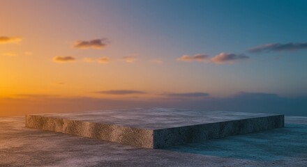 Naklejka premium Sunset Concrete Platform - A square concrete platform sits outdoors at sunset, providing a minimalist backdrop. Perfect for product displays or presentations