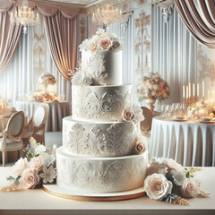 Luxury wedding cake in romantic ballroom &ndash; detailed white icing and pastel flowers