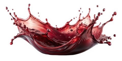 A dynamic splash of red liquid resembling wine, captured in mid-motion against a black background, showcasing vibrant tones and intricate water droplets.
