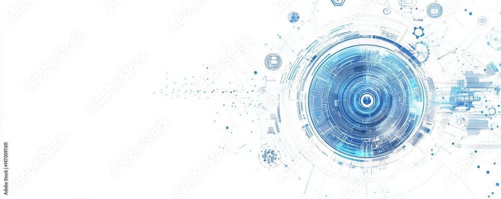 Poster banner design with a white circle, blue and gray color scheme background. digital technology and gea