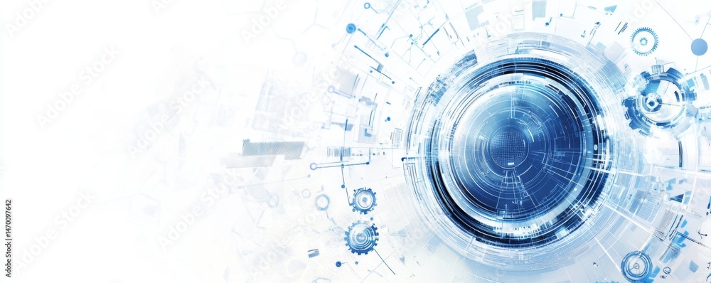 Aufkleber banner design with a white circle, blue and gray color scheme background. digital technology and gears on the left side, circuit board lines. modern tech