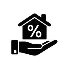 A stylized icon depicts a hand holding a house with a percentage symbol inside it, symbolizing concepts like mortgages or interest rates