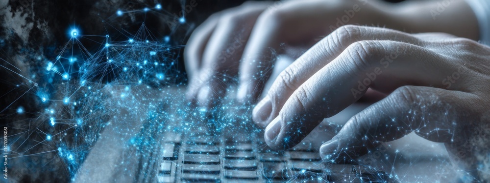 Poster a digital collage of hands typing on a laptop keyboard, surrounded by interconnected blue dots and l