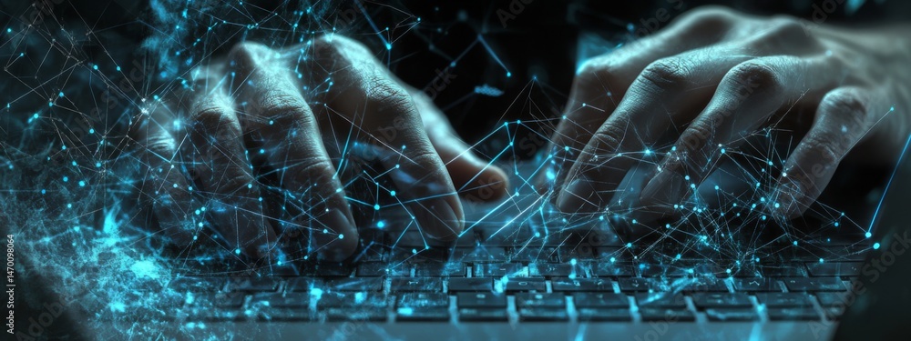 Poster a digital collage of hands typing on a laptop keyboard, surrounded by interconnected blue dots and l