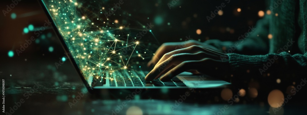 Poster a person typing on an open laptop, surrounded by digital connections and data points representing th