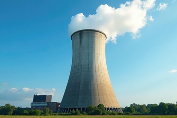 Fototapeta premium Large industrial cooling tower emitting vapor against a blue sky , industrial landscape, sky
