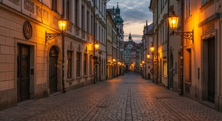 Fototapeta premium Twilight Embrace: Cobblestone Street and Glowing Lanterns - European charm, twilight ambiance, cobblestone path, warm lantern glow, peaceful serenity