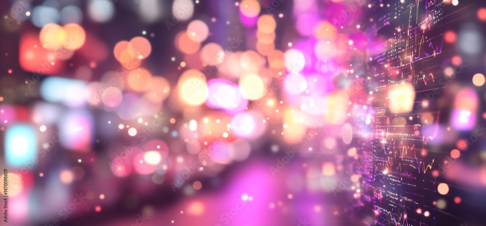 Poster a blurred background of city lights with digital data visualizations like graphs and arrows, represe