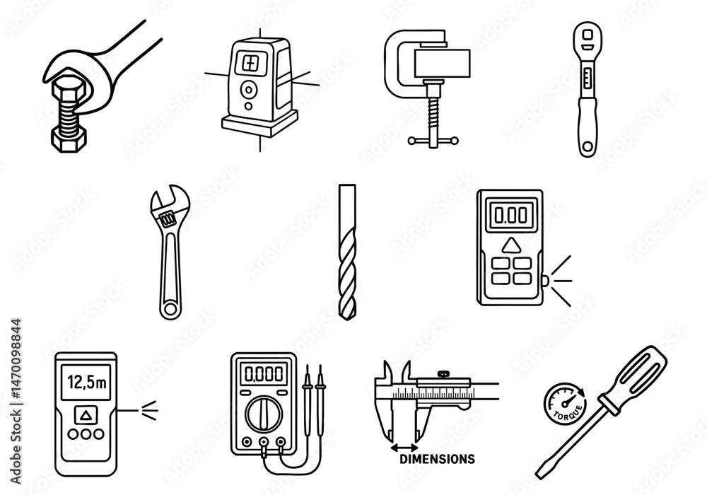 Poster professional tool instrument efficiency concept. technical illustrations of various tools and measur
