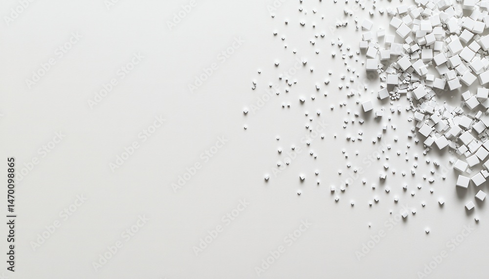 Poster abstract composition with white cubes scattered on a plain white background creating a sense of dept