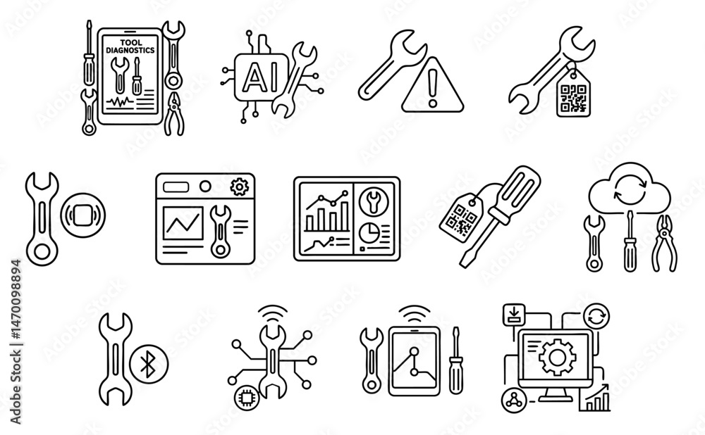 Poster professional tool instrument efficiency concept. tools and technology illustrations in a linear desi