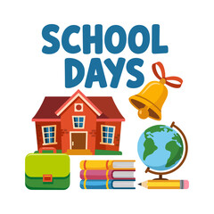 Fototapeta premium Colorful School Days Illustration with Books, Bell, and Globe