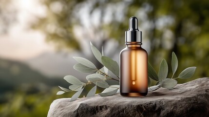 Fototapeta premium Essential oil dropper mockup bottle sitting on a rock with greenery in the background