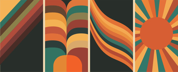 Set of abstract retro backgrounds, retro vintage 70s style stripes background poster lines. shapes vector design graphic 1970s retro background.