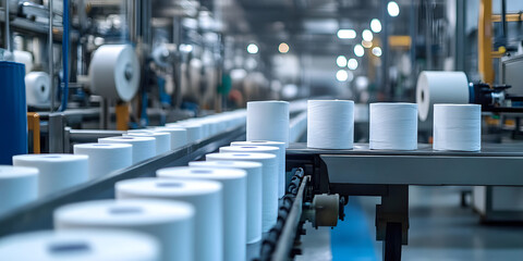 Obraz premium Production of toilet paper at the factory. Conveyor belt with products, new technology.