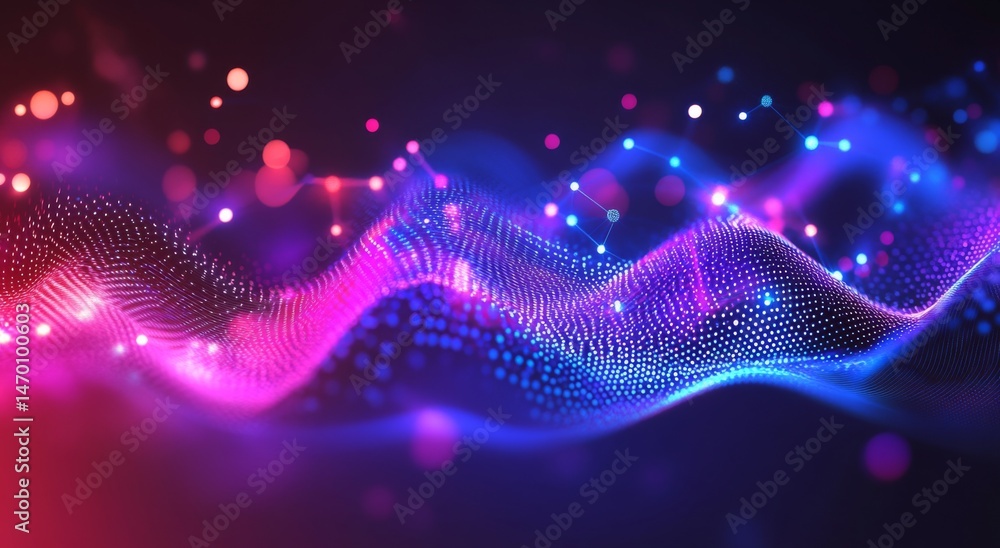 Poster abstract digital background with blurred cyberpunk elements and neon light streaks, creating an atmo