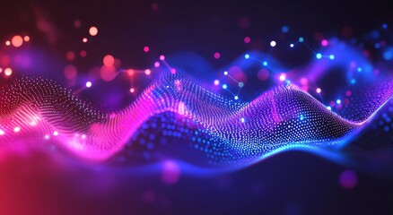 Abstract digital background with blurred cyberpunk elements and neon light streaks, creating an atmosphere of futuristic technology and dynamic energy flow. purple, blue, and red