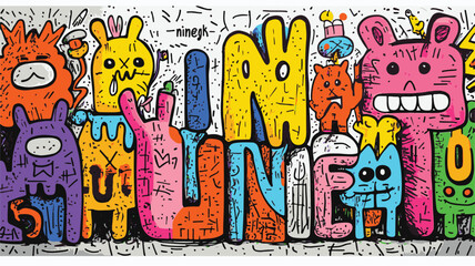 Obraz premium Playful Cartoon Characters Forming Stay In Line Message On Graffiti Background,Creative Design